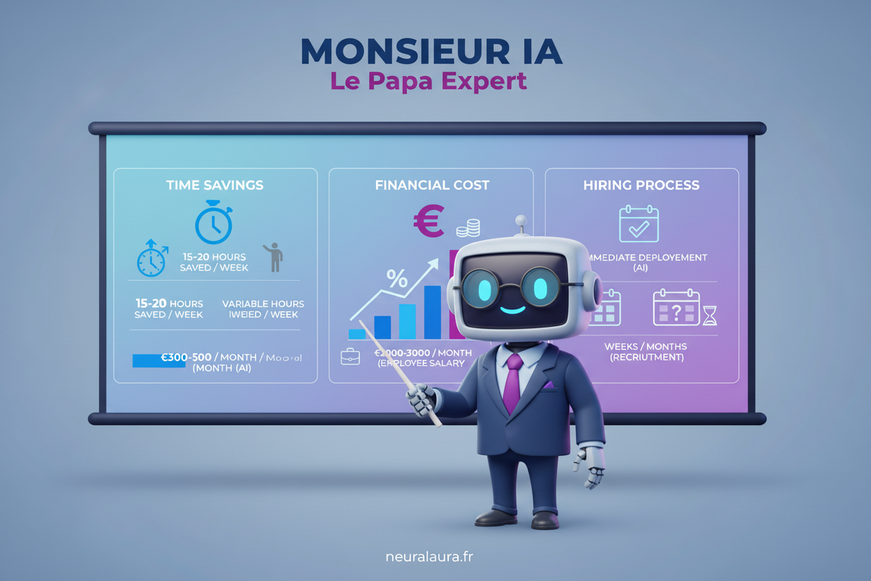 Comparatif IA vs employé : robot expert en costume devant tableau gains, coûts et recrutement, neuralaura.fr