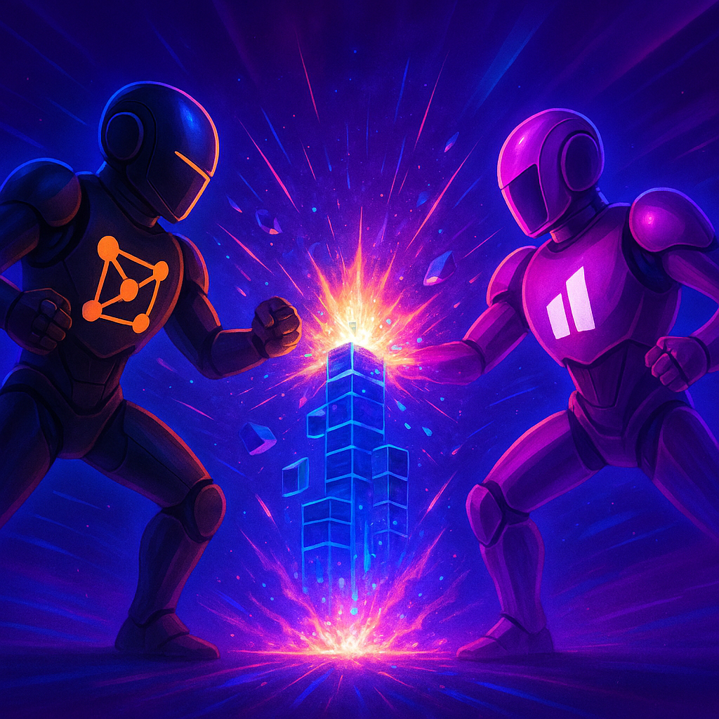 Deux robots futuristes s'affrontent autour d'une structure lumineuse, illustration automatisation IA neuralaura.fr